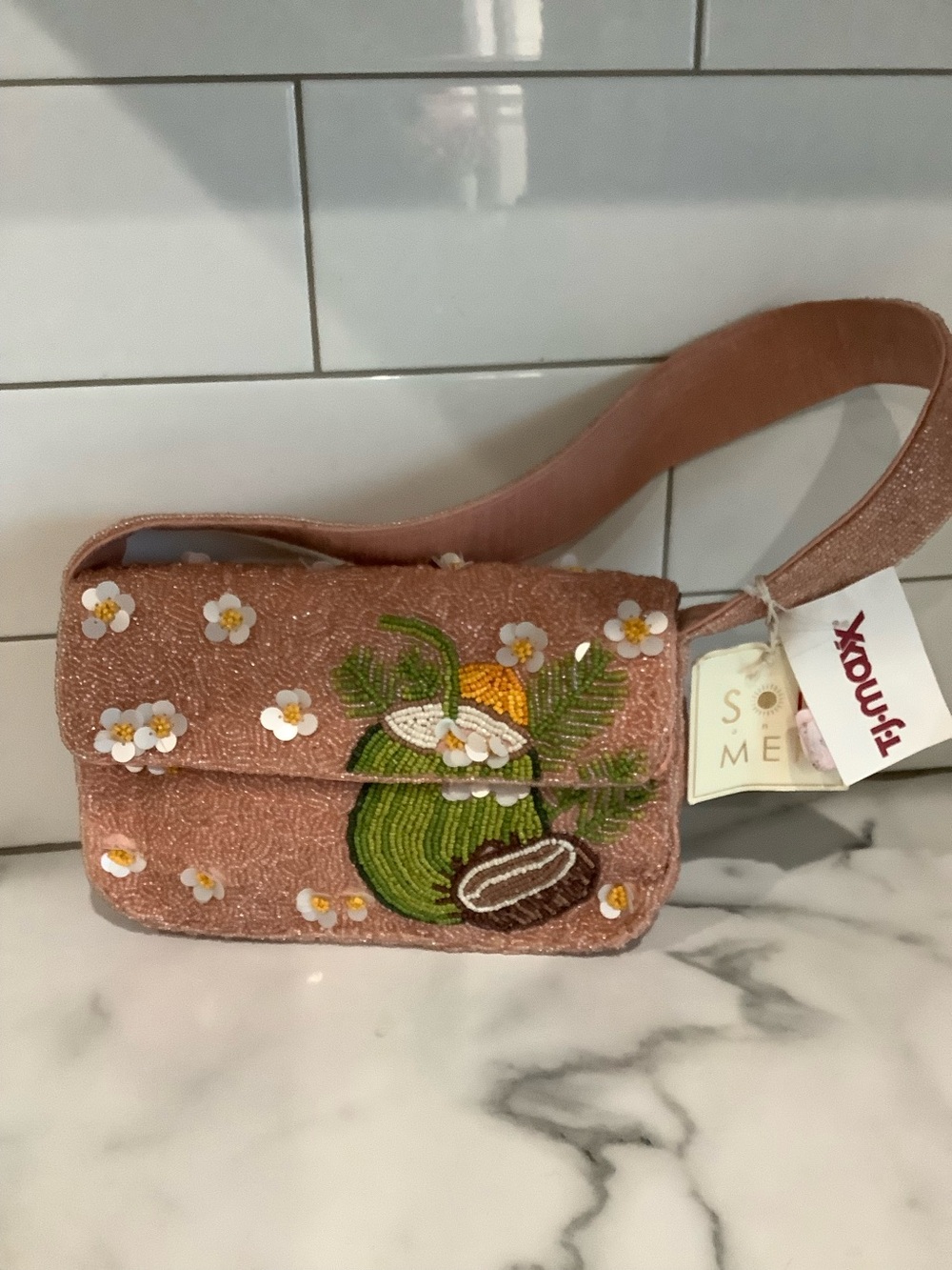 Pink Beaded Coconut Embroidered Crossbody Bag